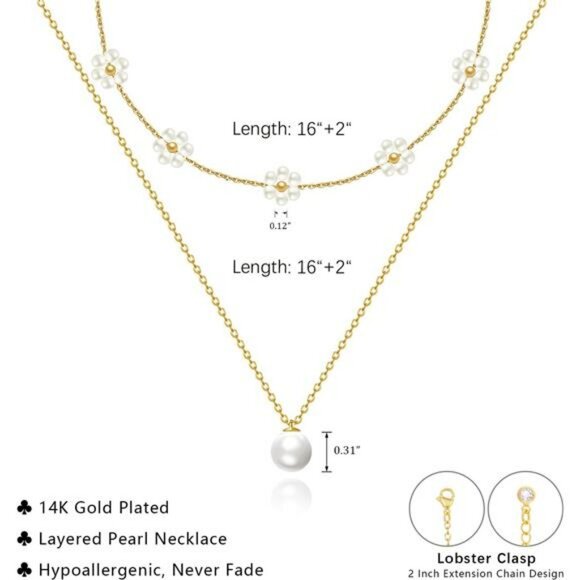 Gold Pearl Necklace Set Daisy Choker Layered Pendant Jewelry Gift for Women - Picture 4 of 7
